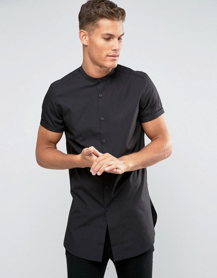 Asos Regular Fit Super Longline Shirt With Grandad Collar In Black - B