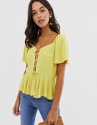 Asos Design Tea Blouse With Lace Up Front Detail-yellow