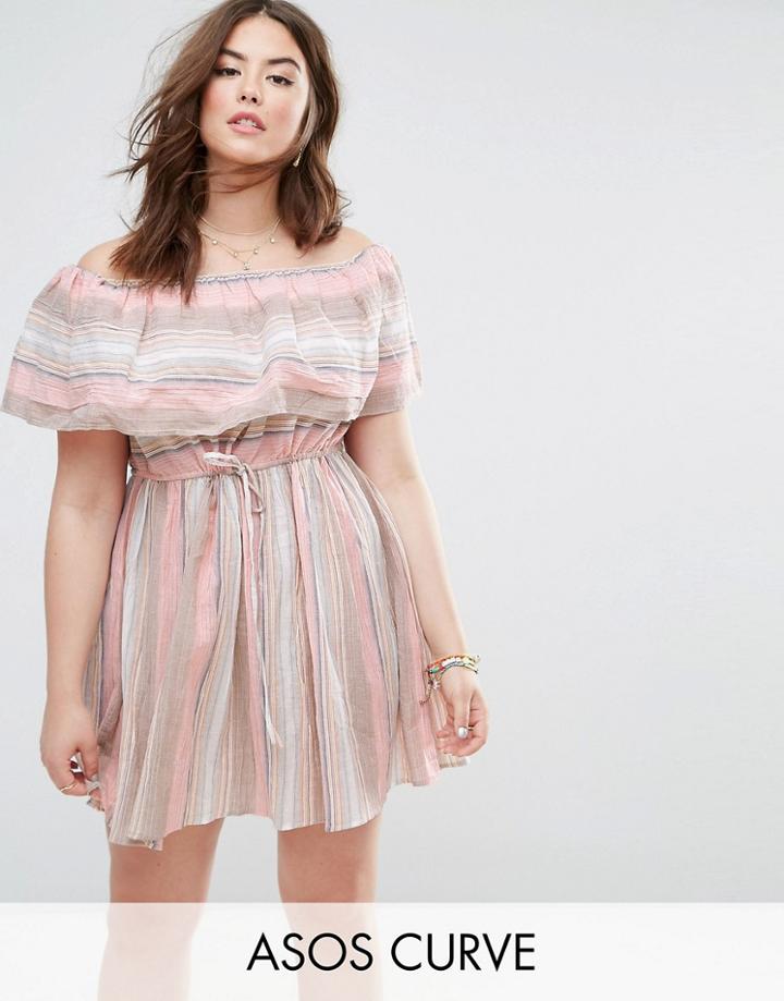 Asos Curve Beach Sundress With Off Shoulder In Natural Stripe - Multi