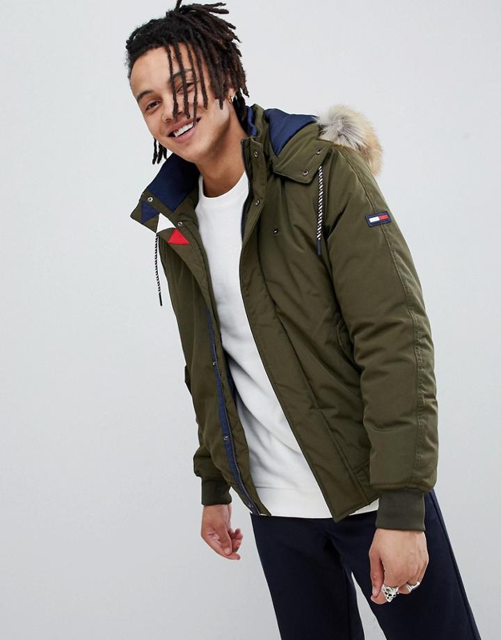 Tommy Jeans Technical Quilted Bomber Jacket Faux Fur Trim Hood In Green - Green