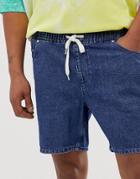 Asos Design Relaxed Fit Denim Shorts In Dark Wash Blue With Drawstring Waist
