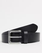 Asos Design Leather Belt With Burnished Silver Buckle In Black