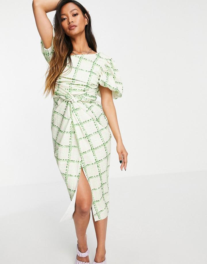 Asos Design Asymmetric Puff Sleeve Knot Tuck Midi Dress In Check Print-multi