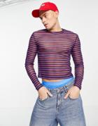 Asos Design Muscle Cropped Long Sleeve T-shirt In Plaid Striped Power Mesh-multi