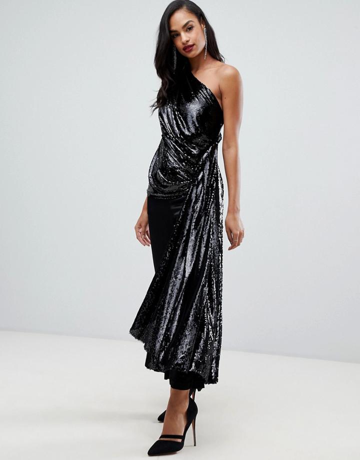 Asos Edition One Shoulder Drape Side Top In Sequin - Black