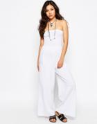 Asos Bandeau Jersey Jumpsuit With Wide Leg - White