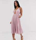 Asos Design Petite Minimal Pleated Midi Dress With Gold Bar-pink