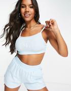 Missguided Petite Waffle Cami Crop Top And Short Set In Blue-blues