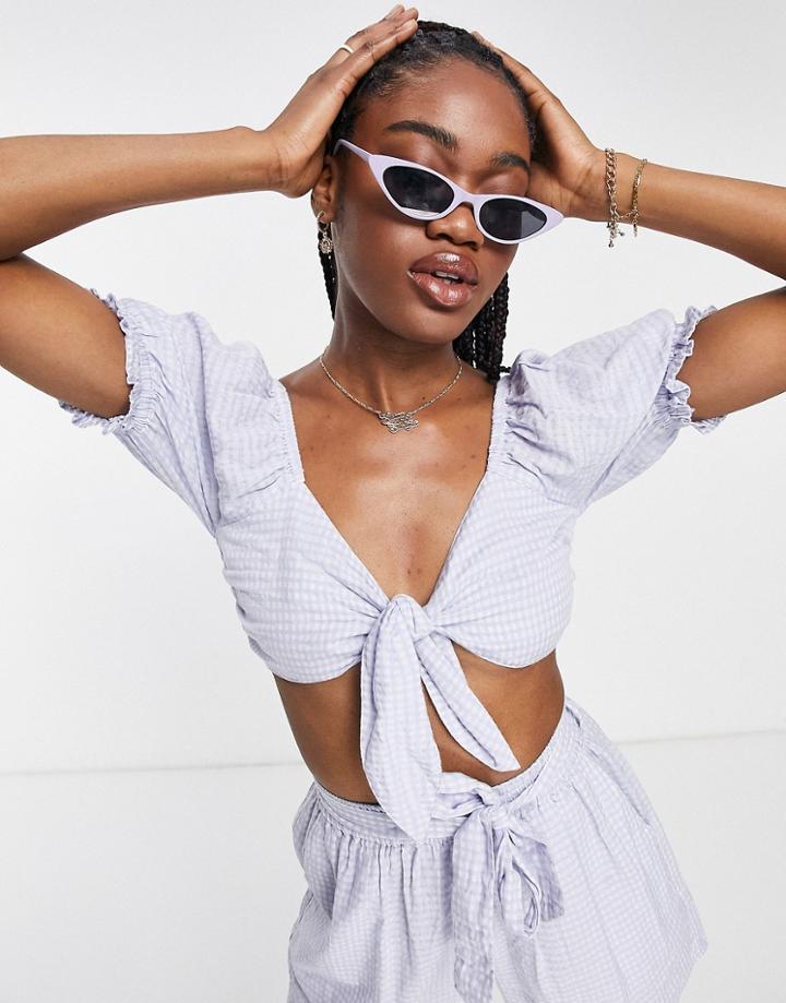 Miss Selfridge Gingham Check Bunny Tie Puff Sleeve Crop Top In Blue