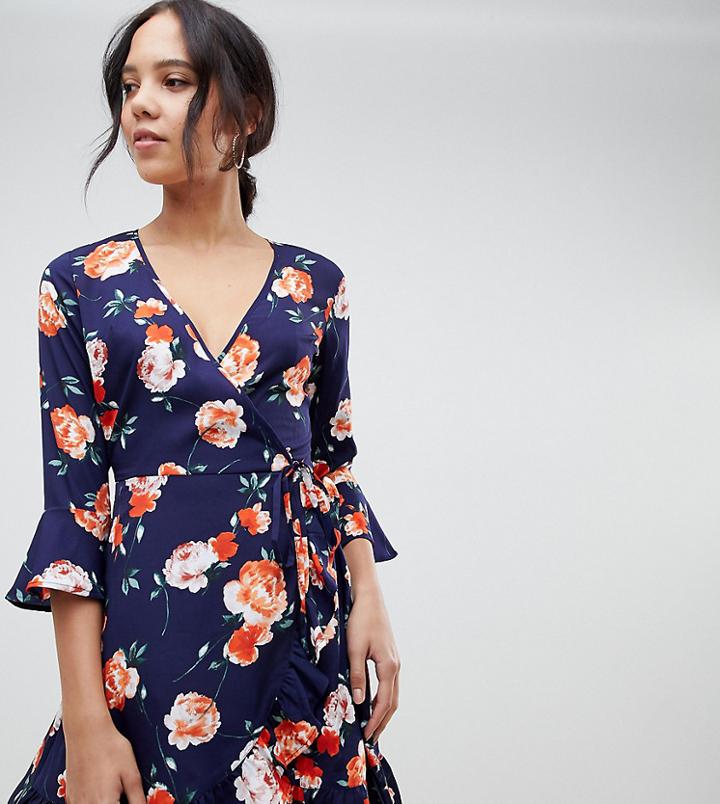 Influence Tall Floral Print Ruffle Detail Wrap Dress - Black