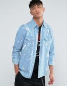 Asos Regular Fit Distressed Western Denim Shirt With Paint Splatter - Blue