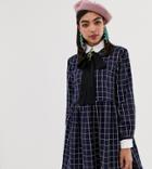 Sister Jane Shirt Mini Dress With Pussybow Collar In Grid Check Print - Navy