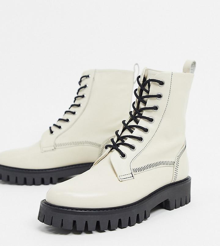 Asra Exclusive Billie Lace-up Flat Boots With Stitch Detail In Bone Leather-white