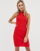 Asos Design High Neck Mini Bodycon Dress With Ring Back-red