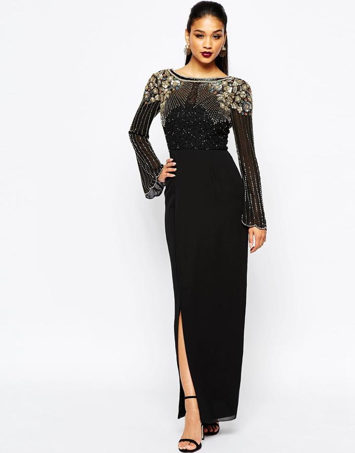 Virgos Lounge Long Sleeve Embellished Maxi Dress With Wrap Skirt