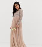 Maya Maternity Bridesmaid Long Sleeved Maxi Dress With Delicate Sequin And Tulle Skirt In Taupe Blush-brown