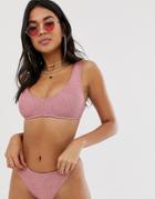 Asos Design Mix And Match Crinkle V Front Bikini Top In Shiny Dusky Pink