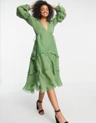 Asos Design Ruched Tiered Midi Dress With Lace Trim In Khaki-green
