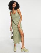Asos Design Linen Scoop Neck Maxi Sundress With Split In Khaki-green