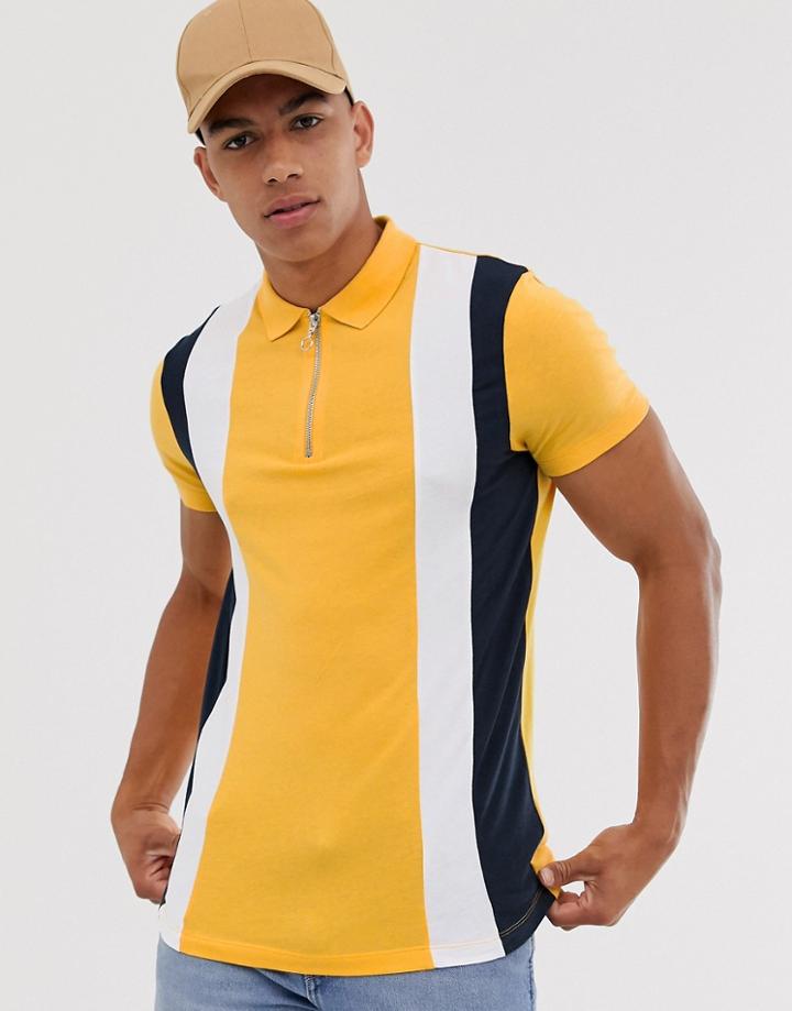 Asos Design Polo Shirt With Vertical Panels And Zip Neck In Yellow