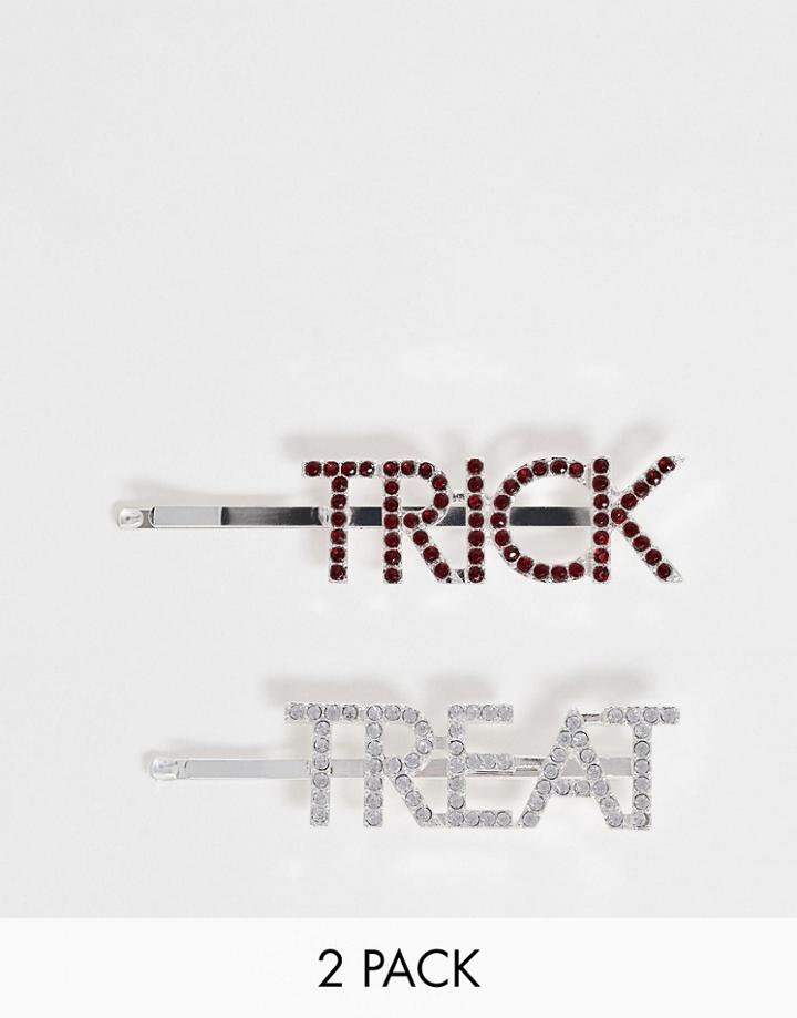 Asos Design Halloween Pack Of 2 Hair Clips With Trick Treat In Mixed Crystals In Silver Tone