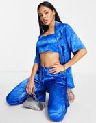 Asos Design Bowling Shirt In Cobalt Satin Jacquard - Part Of A Set-blue