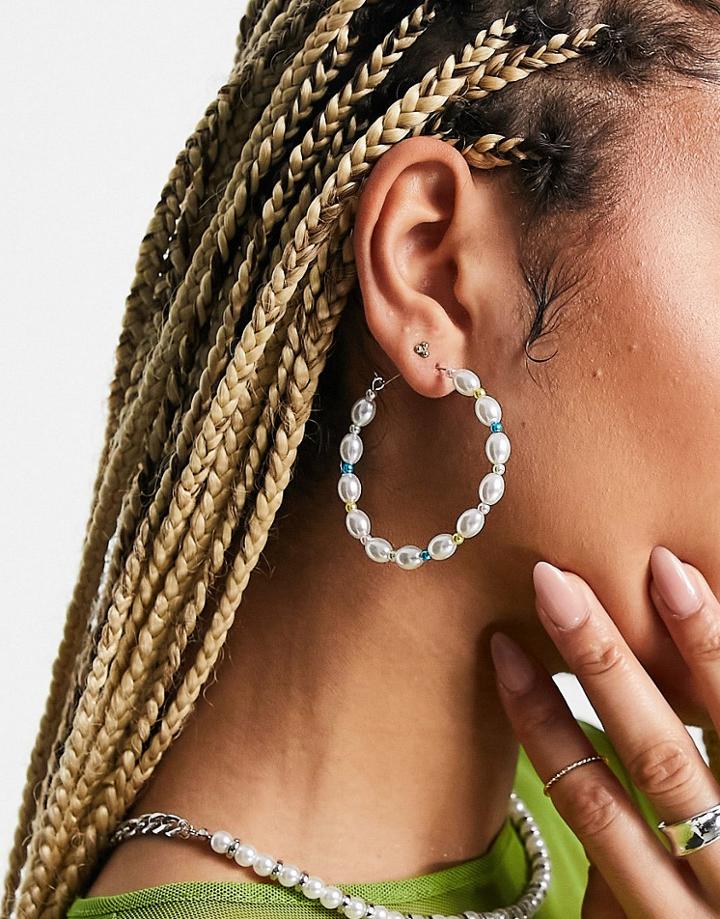 Topshop Mixed Bead And Faux Pearl Hoop Earrings In White Mix