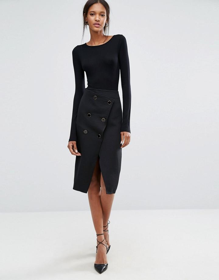 Closet Double Button Wrap Textured Skirt - Black