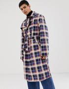 Collusion Trench Coat In Blue And Tan Check - Brown