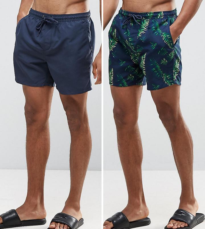 Brave Soul 2 Pack Swim Shorts In Tropical Print And Navy Plain - Navy