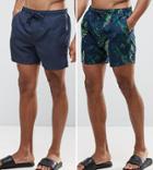 Brave Soul 2 Pack Swim Shorts In Tropical Print And Navy Plain - Navy
