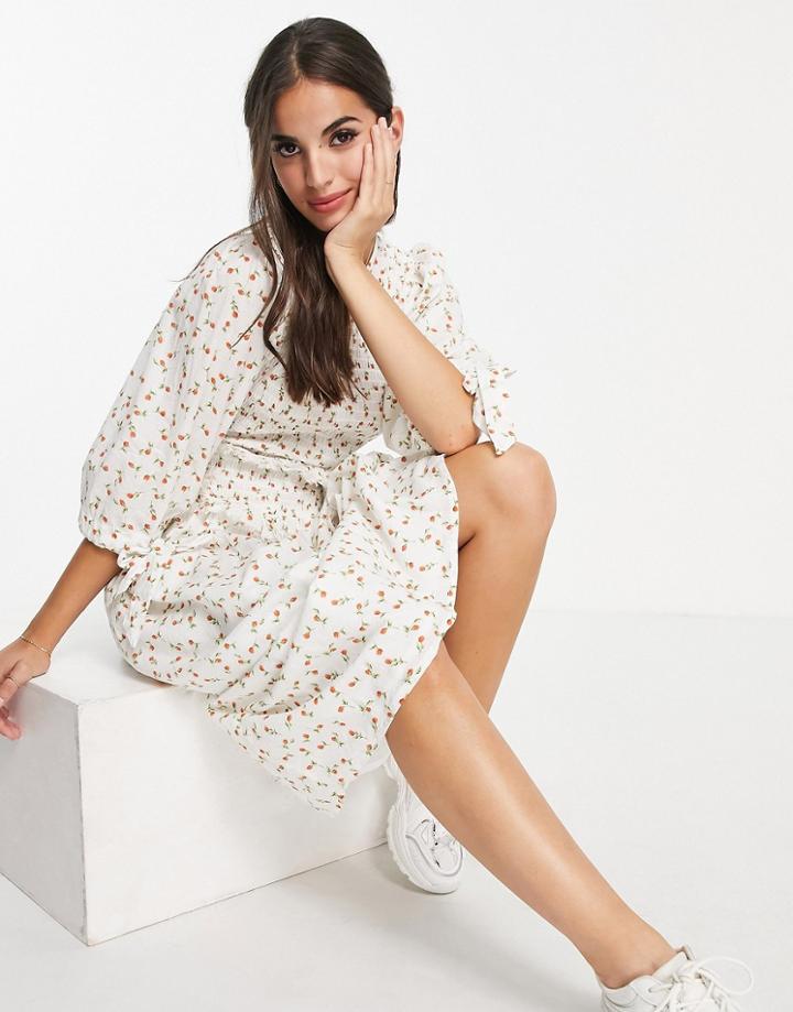 Asos Design Shirred Bodice Midi Smock Dress With Tie Sleeves In White Based Floral Print-multi