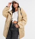 Asos Design Petite Quilted Jacket With Sherpa Panels In Camel-neutral