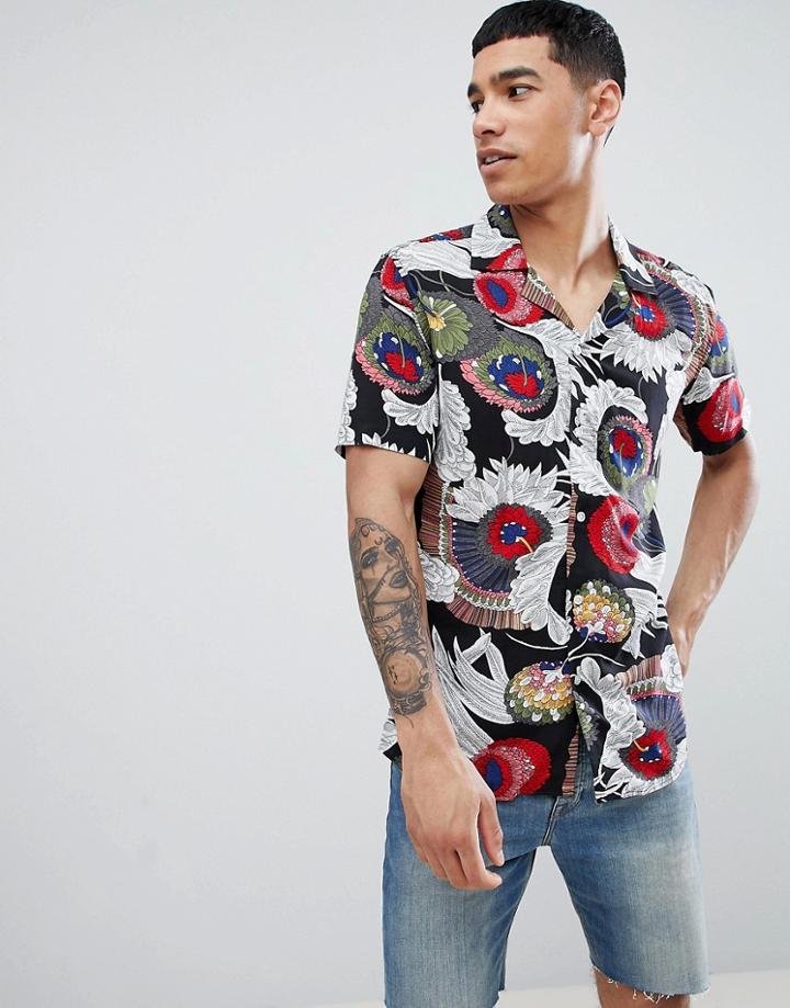Solid Short Sleeve Revere Collar Shirt In Print - Black