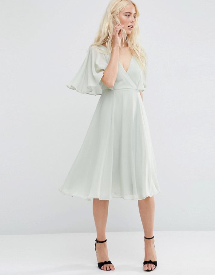 Asos Wrap Front Midi Dress With Angel Sleeve-green