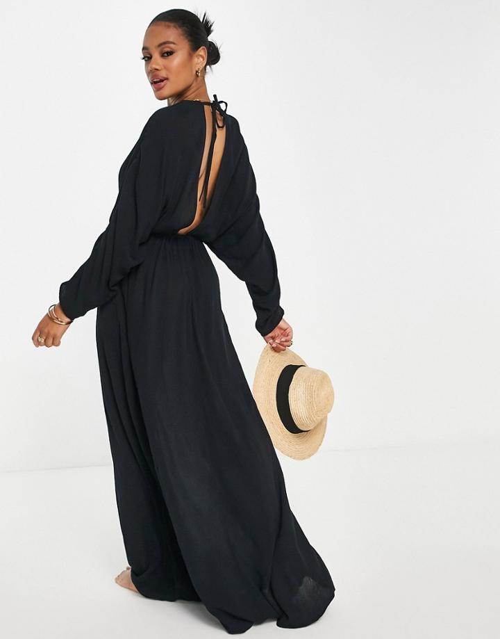Asos Design Ruched Long Sleeve Plunge Crinkle Beach Maxi Dress In Black