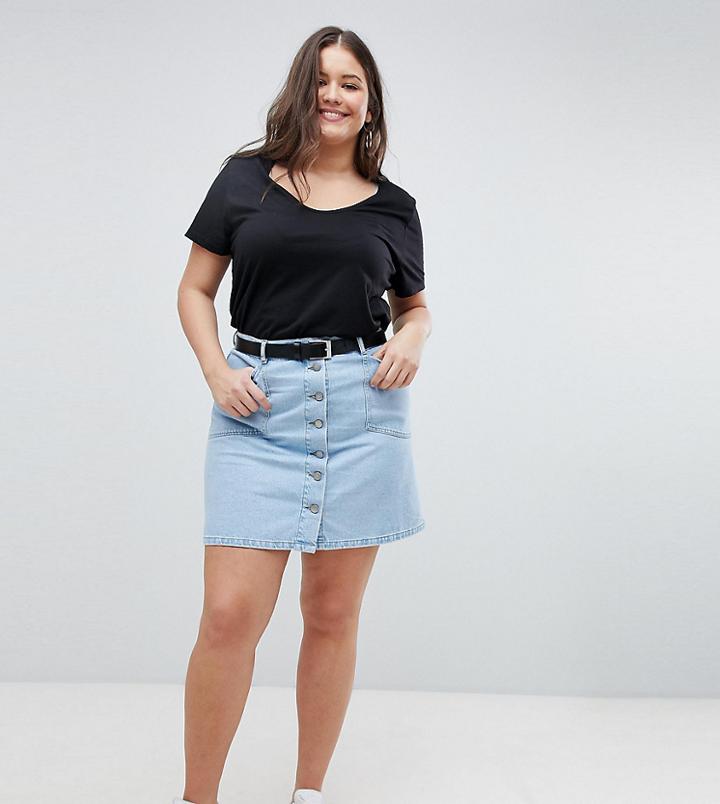 Asos Design Curve Denim Button Through Skirt In Midwash Blue - Blue