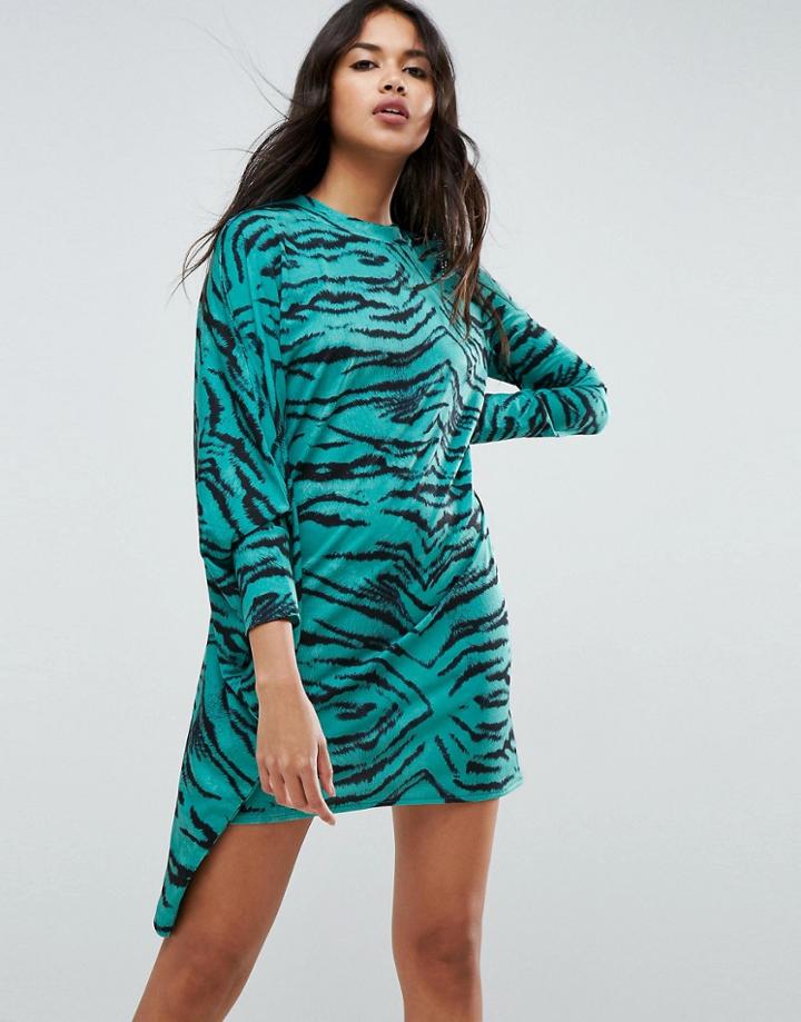 Asos Oversized Dress With Asymmetric Batwing Sleeve In Animal Print - Multi