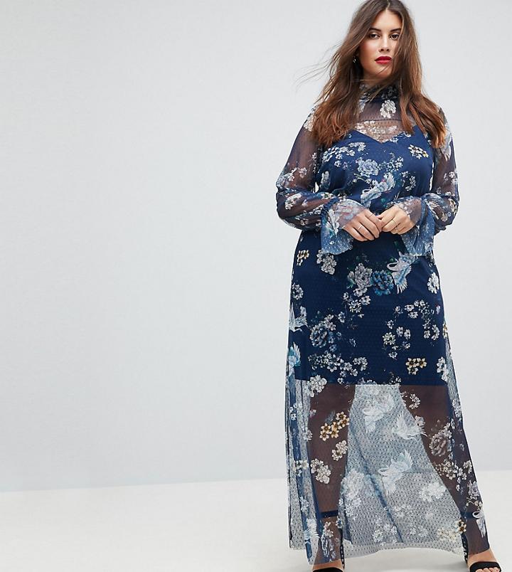 Asos Curve Printed Mesh Maxi Dress With Shirred Neck - Multi