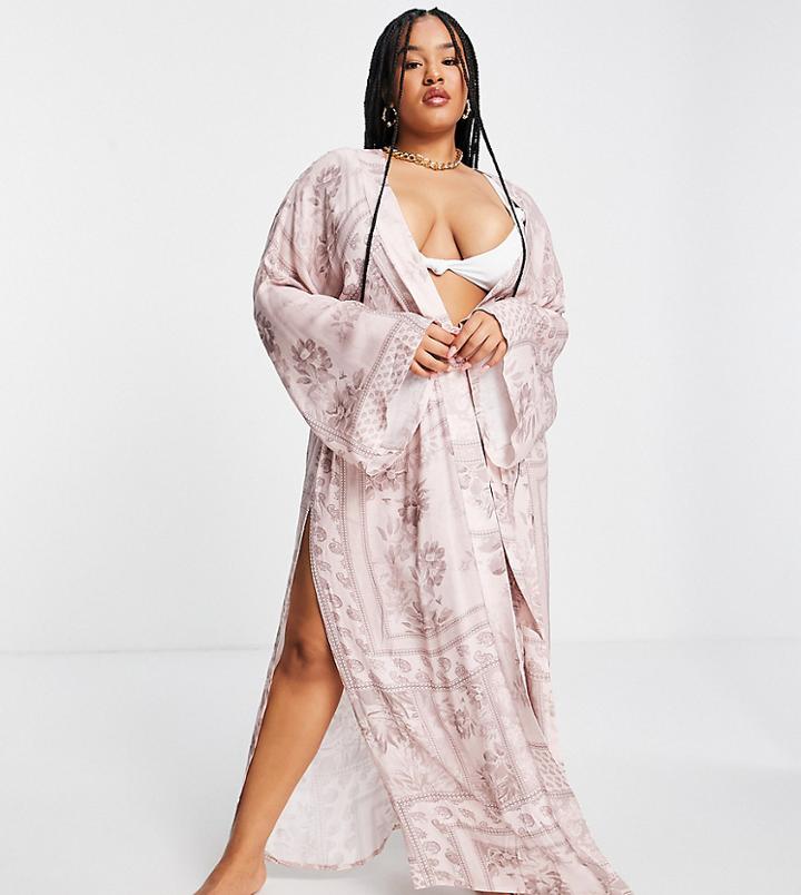 Asos Design Curve Belted Beach Kimono In Tile Print-multi