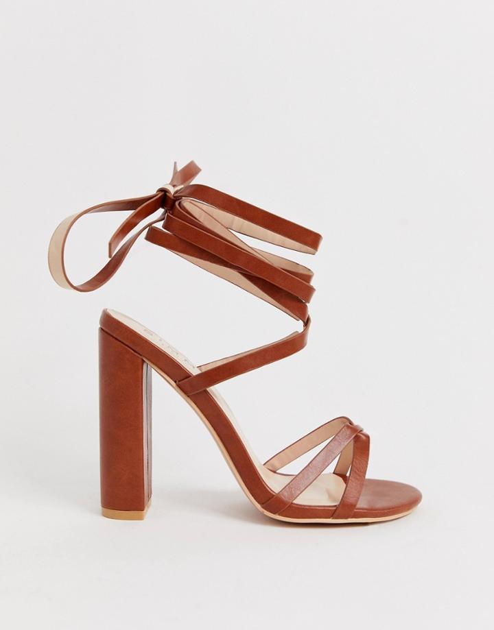 Simmi London Heidi Tan Ankle Tie Block Heeled Sandals