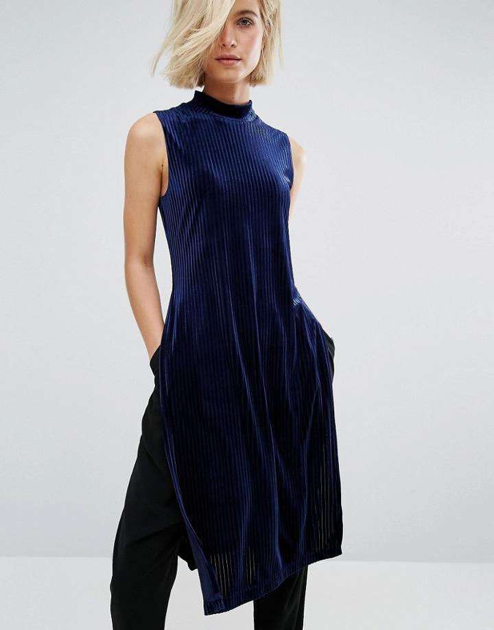 J.o.a High Neck Velvet Tunic With Side Split - Blue