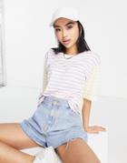 Pieces Oversized T-shirt In Lilac & Yellow Stripe-purple