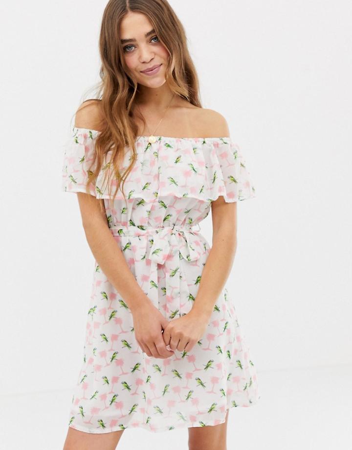 Glamorous Off Shoulder Parrot Print Dress-multi