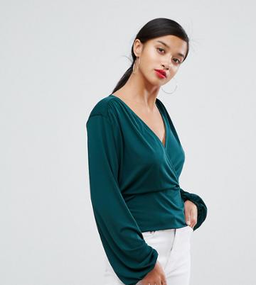 John Zack Petite Wrap Front Blouse - Green