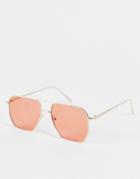 Asos Design Aviator Sunglasses With Metal Frame In Gold With Amber Lens