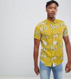 Asos Design Tall Regular Fit Floral Shirt In Mustard - Yellow