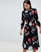 Ax Paris Floral Print Midi Dress With Ruched Waist - Black