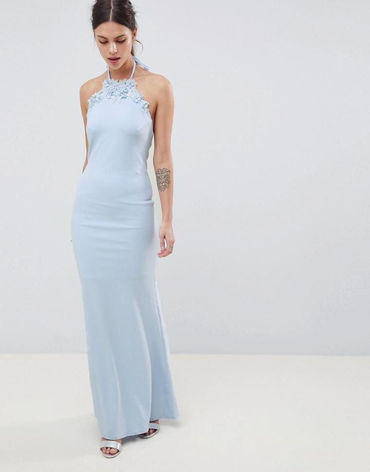 City Goddess Halter Neck Maxi Dress With Flower Detail - Blue