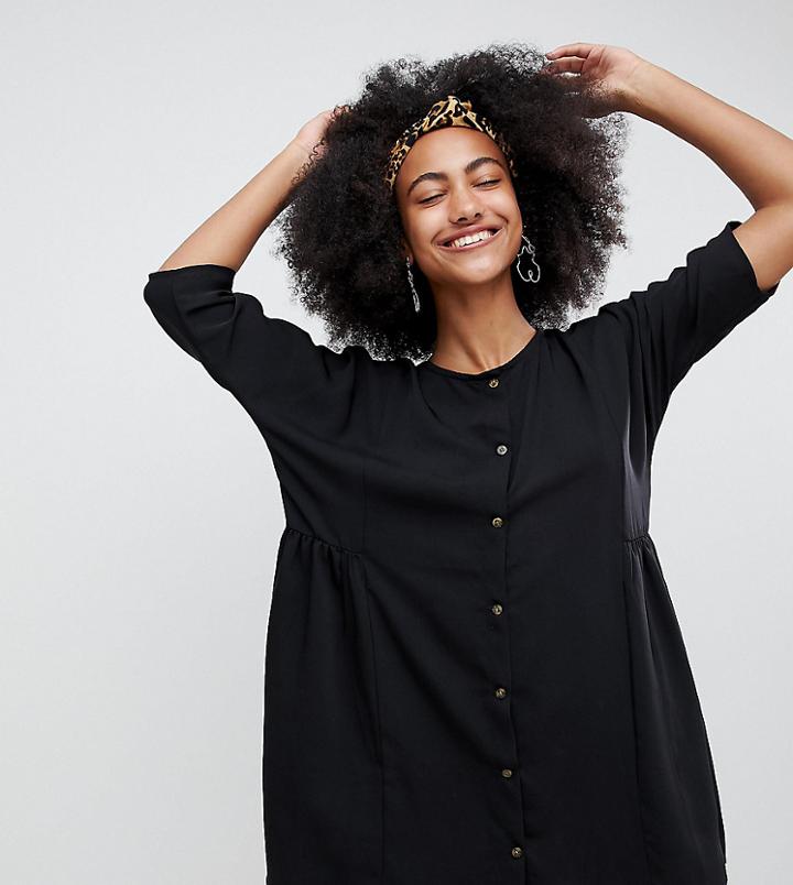 Monki Button Front Mini Smock Dress-black